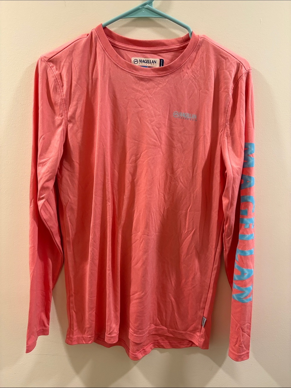 Magellan Outdoors Coral Pink Long Sleeve Logo Tee with Aqua Sleeve Print